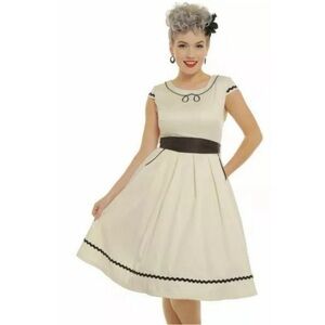 Lindy Bop Bethany Cream Black Trim Cap Sleeve Pinup Swing Dress Sash Pockets 10